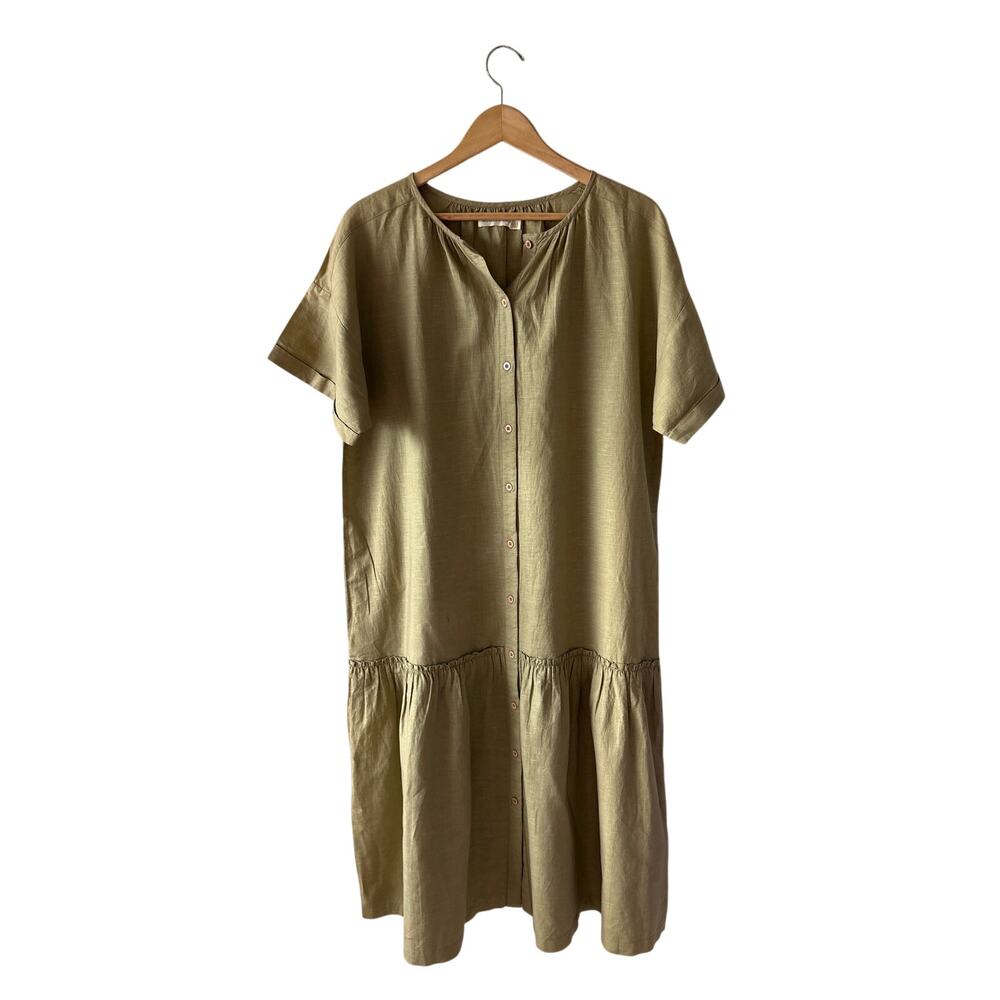 Micaela Greg Cleo Dress Olive Khaki 100% Cotton Button Front Tiered Size S